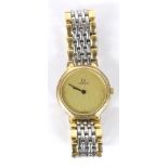 Omega bi-colour quartz lady's bracelet watch, the champagne dial with quarter dot markers, 22mm (