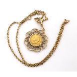 1929 full sovereign coin in a 9ct pendant on a necklet, 24" long, 31.5gm approx