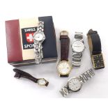 Four Accurist wristwatches; together with a Swiss Sports lady's bracelet watch (box) and a Kenneth