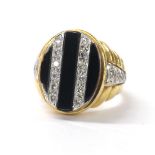 Gentleman's 18k diamond and onyx set signet ring, width 19mm, 13.7gm, ring size R (onyx at fault)