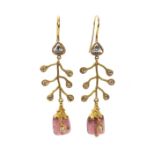 Pair of bespoke yellow metal diamond and pink tourmaline drop earrings, each with a single