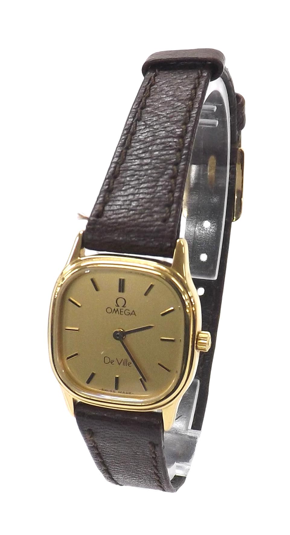 Omega De Ville Quartz gold plated lady's wristwatch, the gilt dial with baton markers, leather