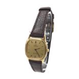 Omega De Ville Quartz gold plated lady's wristwatch, the gilt dial with baton markers, leather