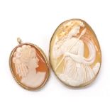 Two 9ct mounted oval shell cameo brooches depicting portrait profiles of ladies, the largest 52mm