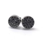 Pair of black treated diamond circular cluster ear studs, marked '750', 3.7gm, 9mm diameter