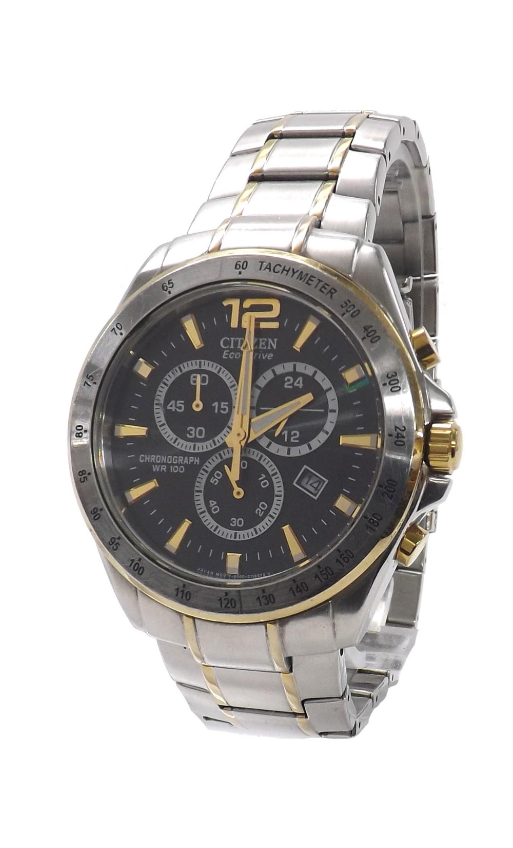 Citizen Eco-Drive chronograph WR100 stainless steel and gold plated  gentleman's bracelet watch, 4