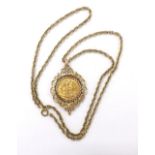 1908 half sovereign coin mounted in a 9ct pendant on chain, 16.4gm