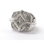 Large 18k fancy multi-cut diamond set dress ring, 19.4gm, width 20mm, ring size R- (stone missing)