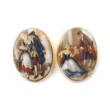 Pair of oval porcelain yellow metal mounted cufflinks, depicting scenes of couples, 47.5gm, 40mm x