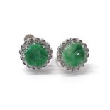 Pair of white gold carved jade and diamond circular earrings, round brilliant-cut diamonds, screw