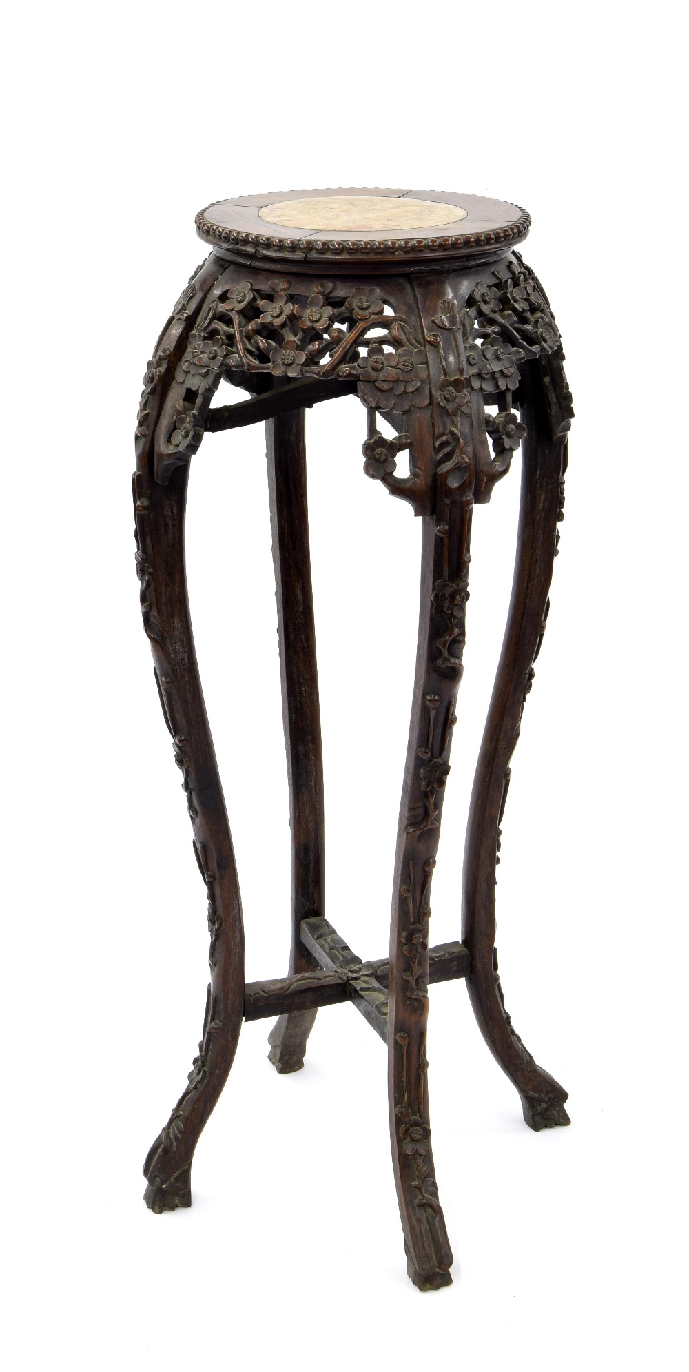 19th century Chinese hardwood jardiniere stand, the circular inset marble top within a beaded border