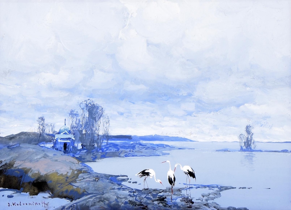 Stephan Fedorovitch Kolesnikoff (1879-1955) - Cranes by a Lake with a Building nearby, signed,