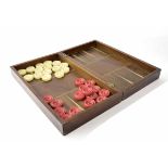 19th century backgammon/chess box, with thirty counters and various wooden counters