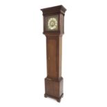 Oak thirty hour longcase clock with birdcage movement, the 10" square brass dial with silvered