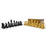 Jaques weighted chess set, white king stamped 'Jaques London' and box, height of kings 9cm