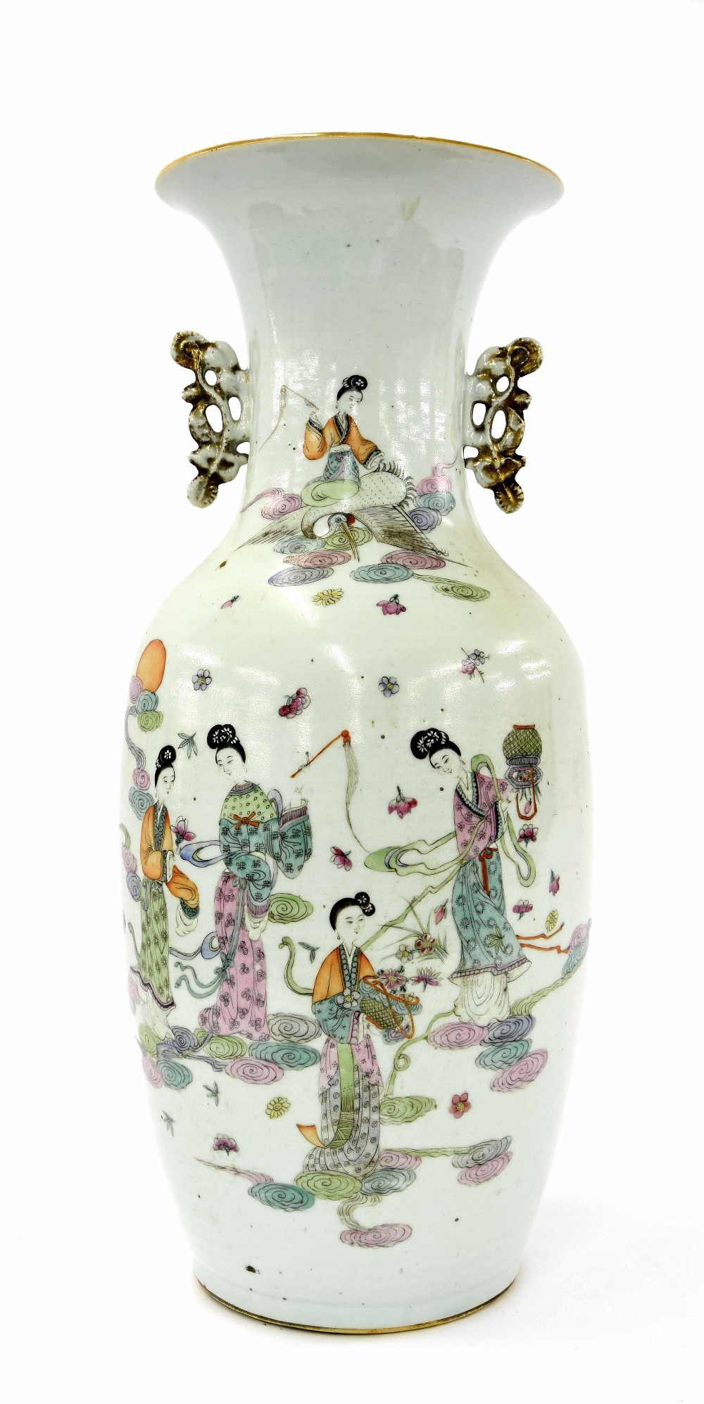 Chinese famille rose porcelain large twin handled baluster vase, with applied gilt highlighted