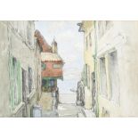 David R Anderson (1884-1976) - Passageway in a Fishing village, signed, watercolour and pencil,