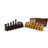 Large Victorian rosewood and boxwood chess set in slide lid box, height of kings 11cm