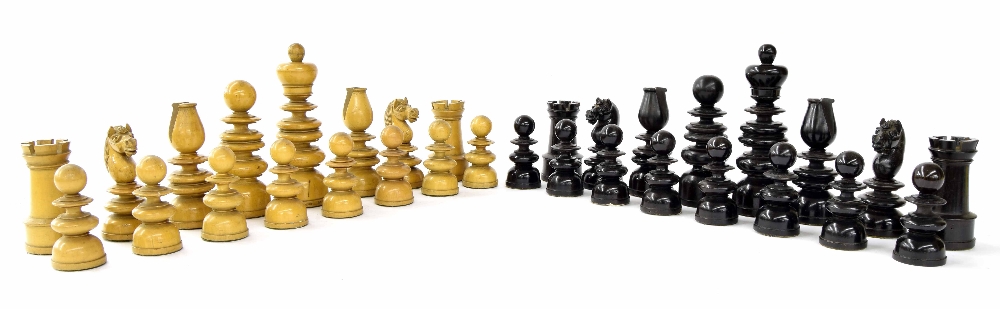 Rare stamped Jaques St. George chess set, weighted ebony and boxwood, white king stamped 'J.