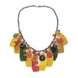 Art Deco Caitlin/Bakelite necklace, with red, orange and green shaped long beads