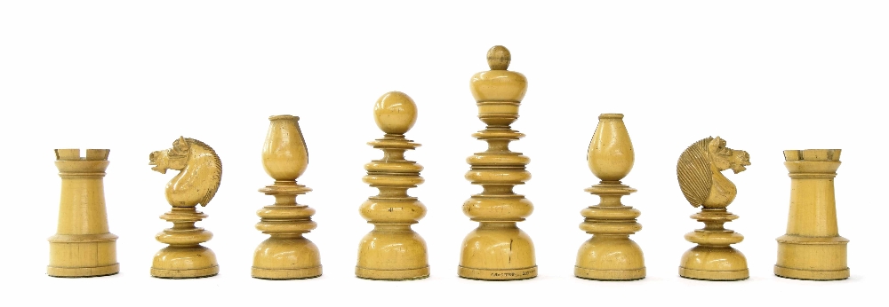 Rare stamped Jaques St. George chess set, weighted ebony and boxwood, white king stamped 'J. - Image 2 of 6