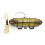 German Lehmann tin plate Zeppelin EPL.1, with clockwork rotating propeller to the rear, 7.5" long