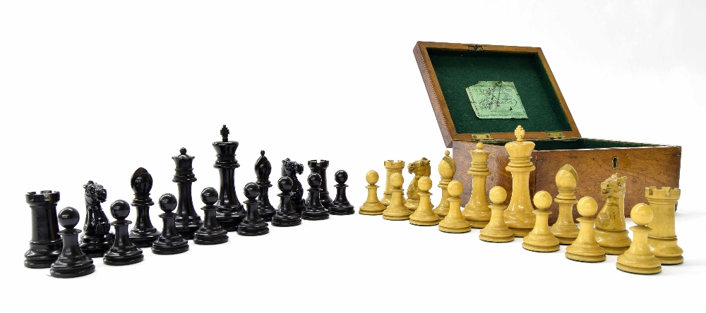 Jaques weighted chess set in Staunton labelled box, the white king stamped 'Jaques London', kings