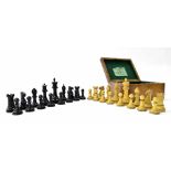 Jaques weighted chess set in Staunton labelled box, the white king stamped 'Jaques London', kings