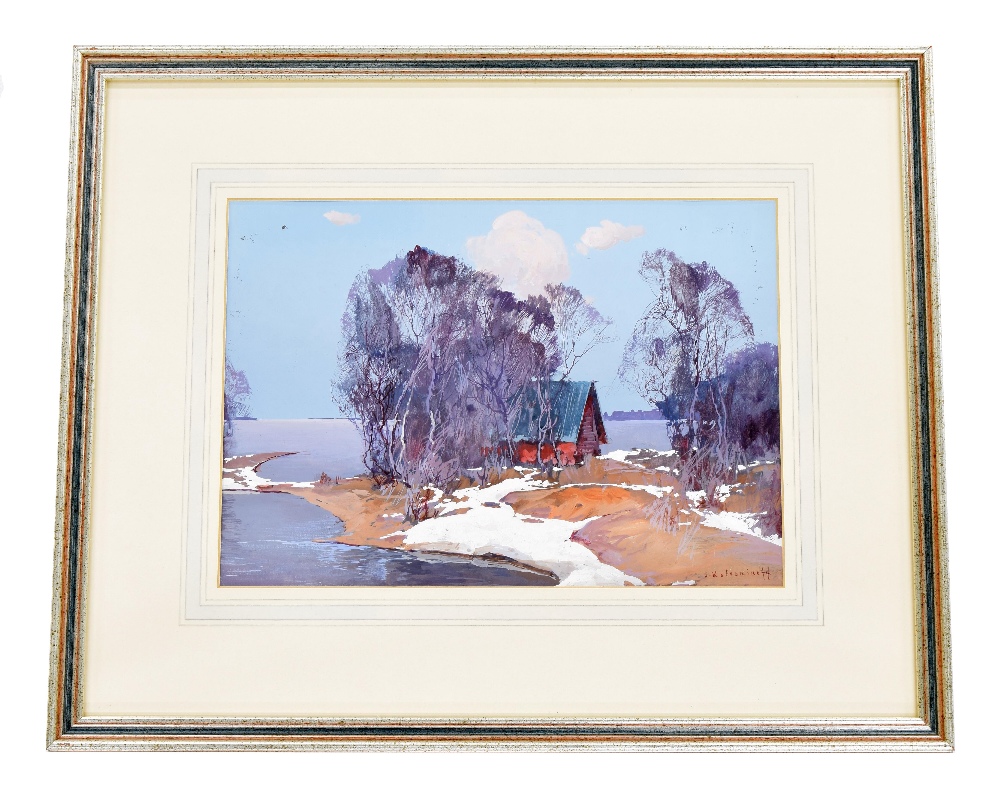 Stephan Fedorovitch Kolesnikoff (1879-1955) - Wooden Building beside a Lake and Trees in Winter, - Image 2 of 4