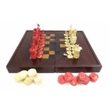 Victorian bone chess set and mahogany folding chess box, bone counters, height of kings 11cm