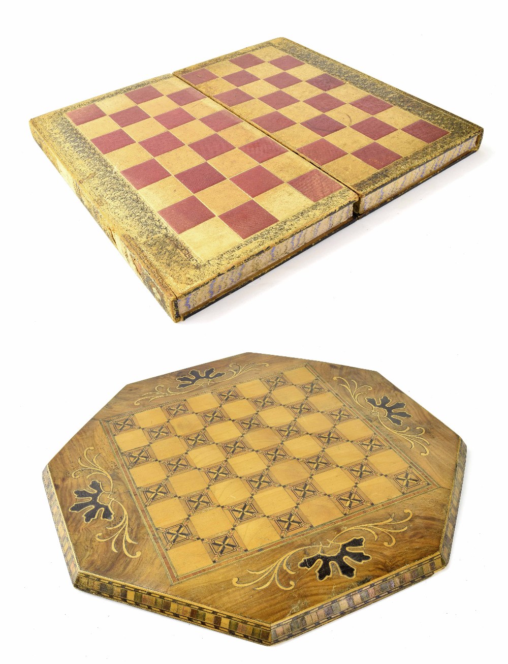 Marquetry chess board and leather backgammon board (2)