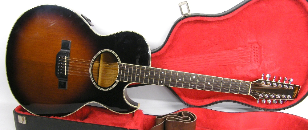 Washburn Woodstock-12 twelve string electro-acoustic guitar, made in Japan; Finish: antique burst;