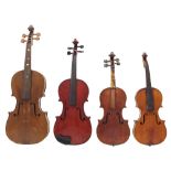 Mid 20th century three-quarter size violin, 13 1/4", 33.70cm; also three various child size