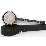 W. Temlett five string zither banjo, circa 1895, stamped W. Temlett, London to the side of the