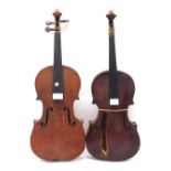 Two interesting old violins in need of restoration, 14 7/16", 36.60cm and 13 13/16", 35.10cm,