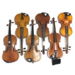 Six various old full size Stradivari copy violins (6)