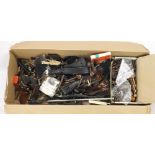 Box of assorted violin, viola and violoncello accessories, including chin rests, tailpieces, bridges