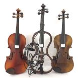 Electric skeleton violin; also two old three-quarter size violins (3)