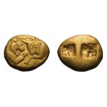 Kingdom of Lydia, Croesus. 587/583-547 or 546 BC. Heavy Gold Stater, 10.70g (12h). Obv: Forepart