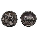 Lucania, Thurium. c 380-360 BC. Distater, 15.90g (1h). Obv: Head of Athena left, wearing crested