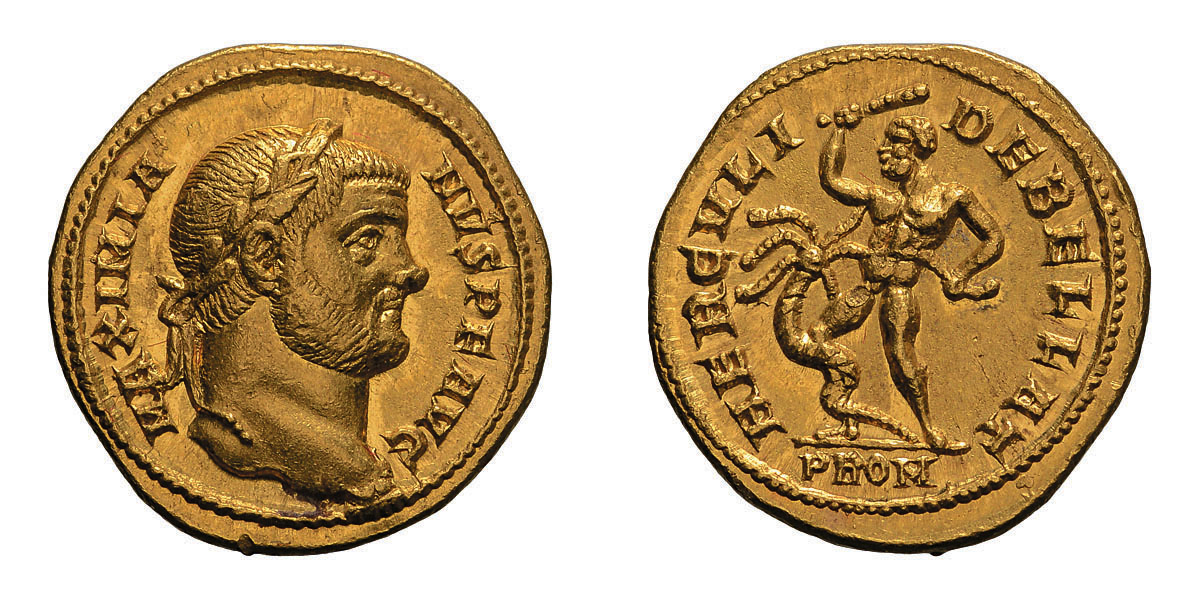 Maximianus. 286-305 AD. Aureus, 5.99g (1h). Rome, 294 AD. Obv: MAXIMI - ANVS P F AVG Head laureate