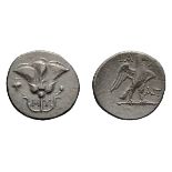 Caria, Mylasa. c. 175-150 BC. Tetradrachm, 9.41g (11h). Obv: Rose with two buds, Μ - Y left and
