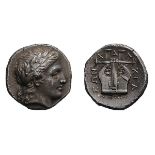 Macedonia. Olynthus. c. 373-370 BC. Tetradrachm, 14.32g (10h). Obv: Laureate head of Apollo right.