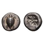 Attica. Aegina. 550-530 BC. Stater, 12.28g (11h). Obv: Smooth-shelled sea turtle with very thin