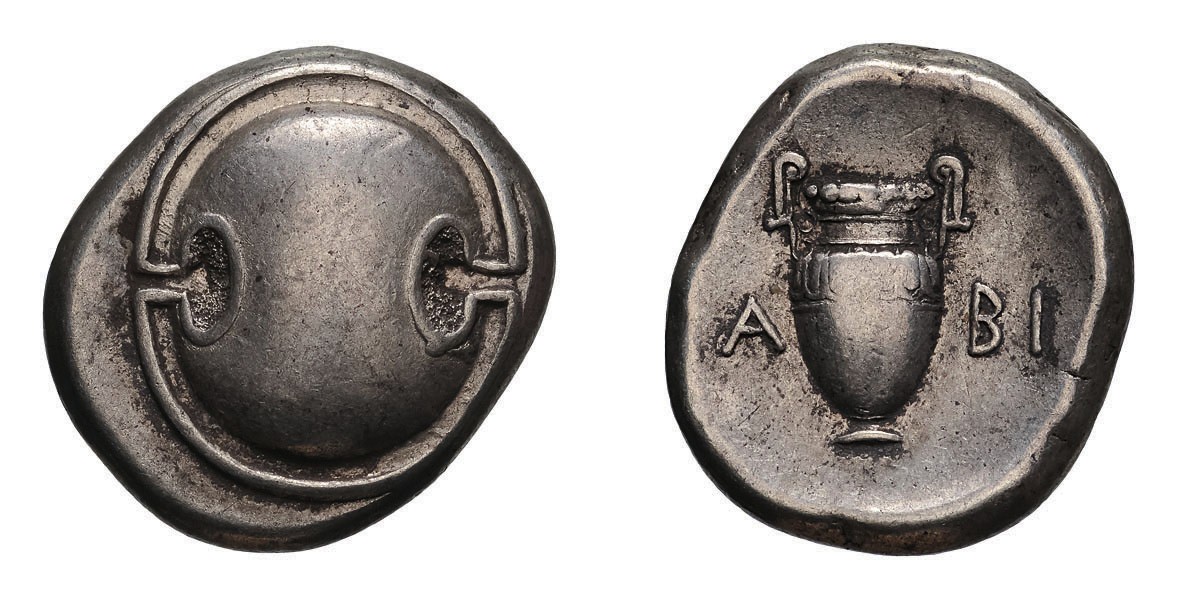 Boeotia. Thebes. c. 395-338 BC. Stater, 12.12g (10h). Obv: Boeotian shield. Rx: Amphora; [K]A-BI