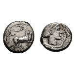 Sicily, Syracuse. 430-420 BC. Tetradrachm, 17.20g (2h). Obv: Charioteer in quadriga right, horses