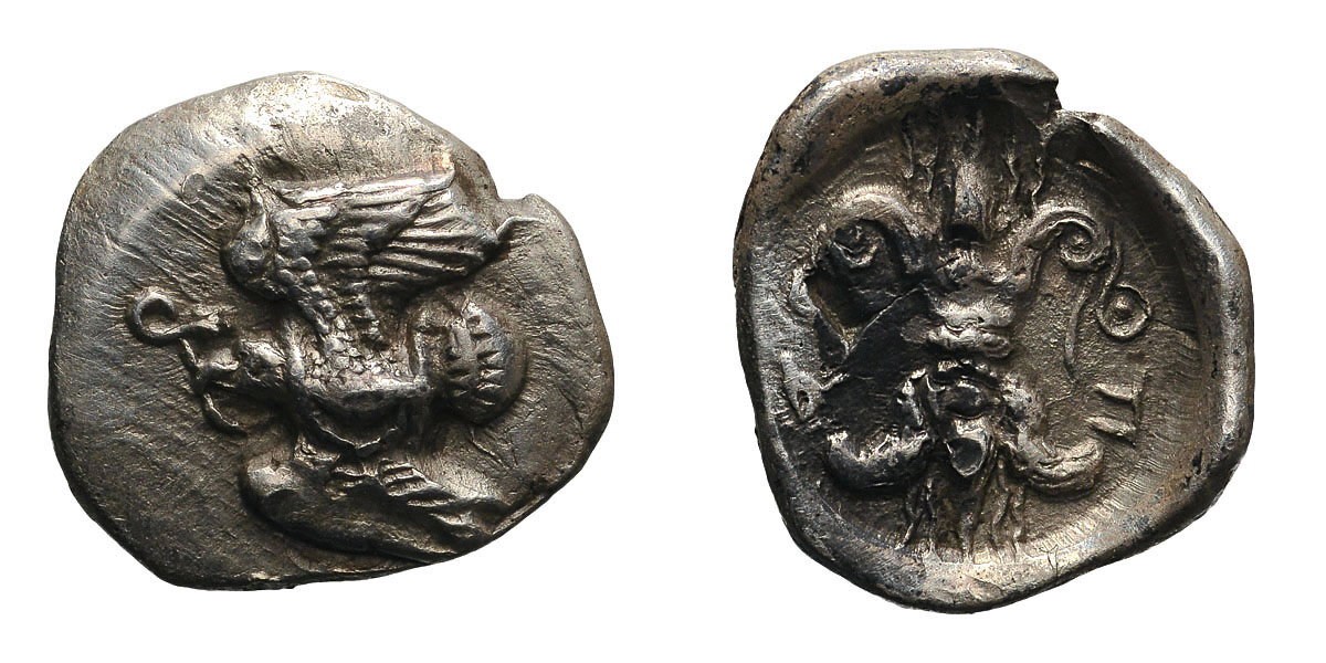 Elis, Olympia. c. 460s BC. 1/8 Obol, 0.90g (9h). Obv: Eagle flying left, snake entwined round body