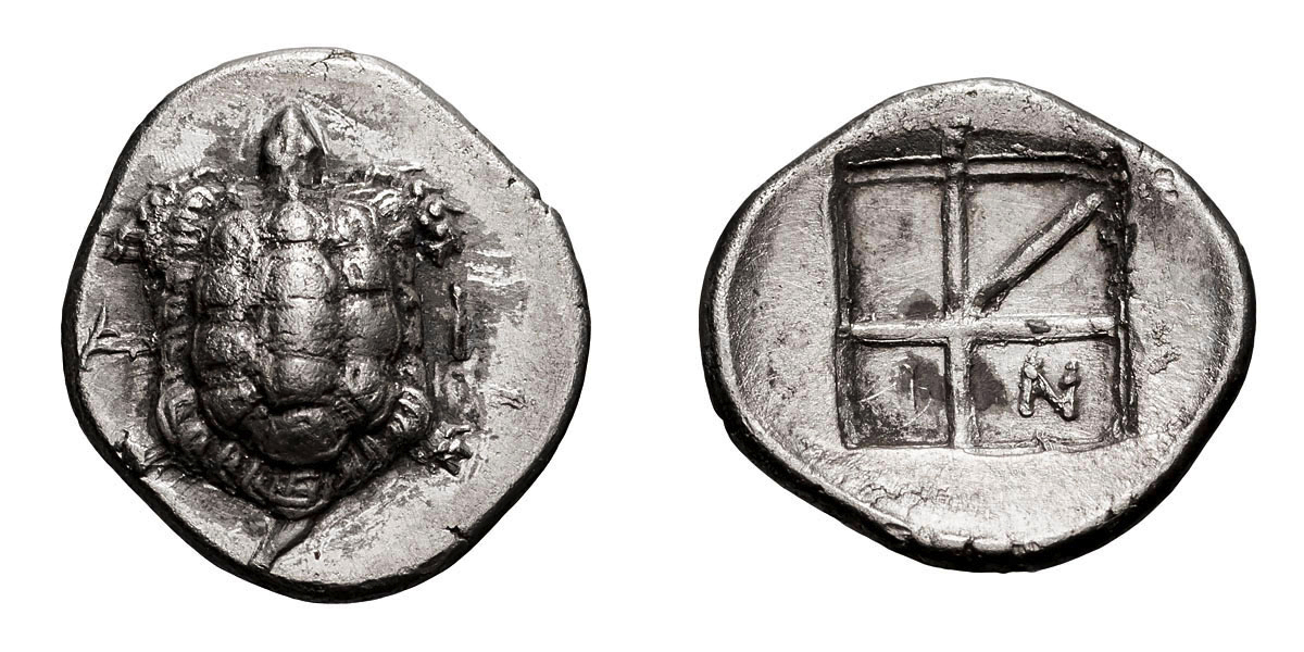 Aegina. c. 350-338 BC. Obol, 0.92g (1h). Obv: Land tortoise; A - I across field. Rx: Skew pattern