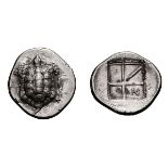 Aegina. c. 350-338 BC. Obol, 0.92g (1h). Obv: Land tortoise; A - I across field. Rx: Skew pattern