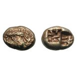 Ionia. Ephesus. c. 625-600 BC. EL Trite, 4.72g (11h). Obv: Spotted stag grazing right; above,